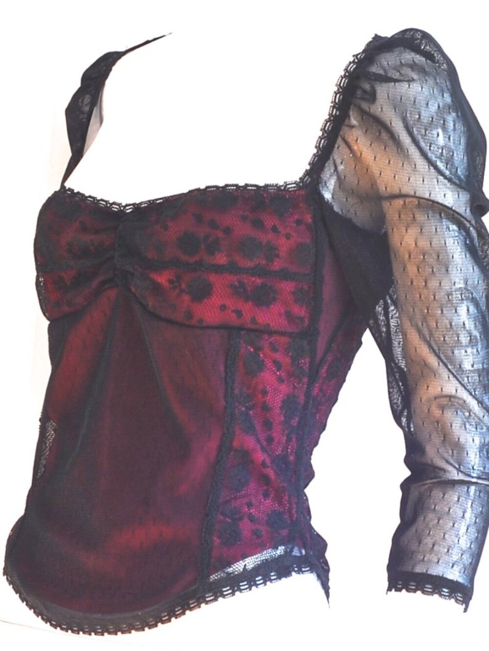 Betsey Johnson Black & Burgundy Top With Sheer Sleeves - USA